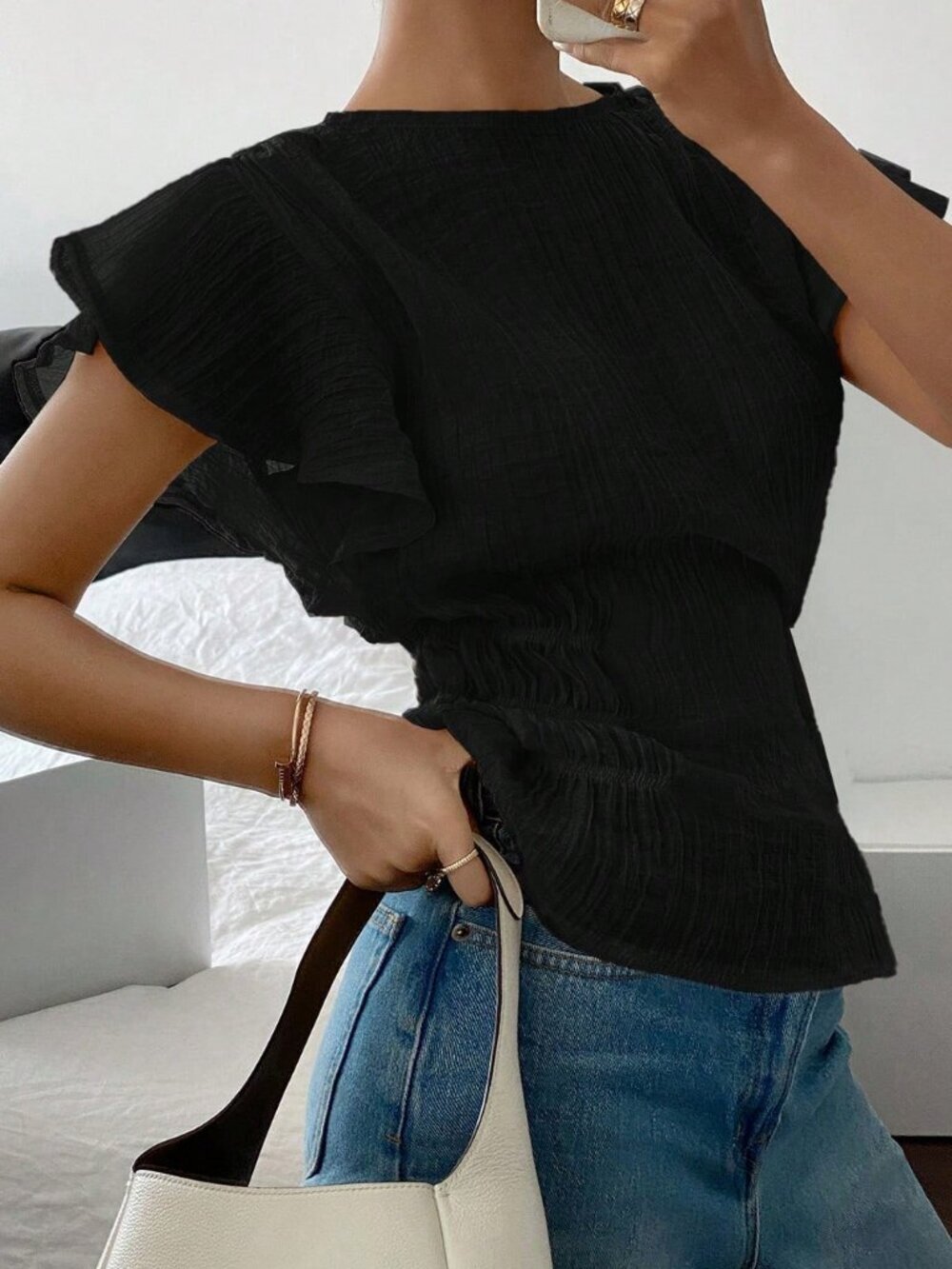 Black Casual Women's Ruffle Sleeve Cinched Waist Blouse